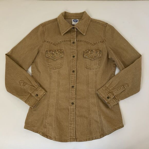 DG2 Denim Jacket Shacket M Snap Button Tan Embellished Flap Pocket Western Rodeo - Picture 1 of 10
